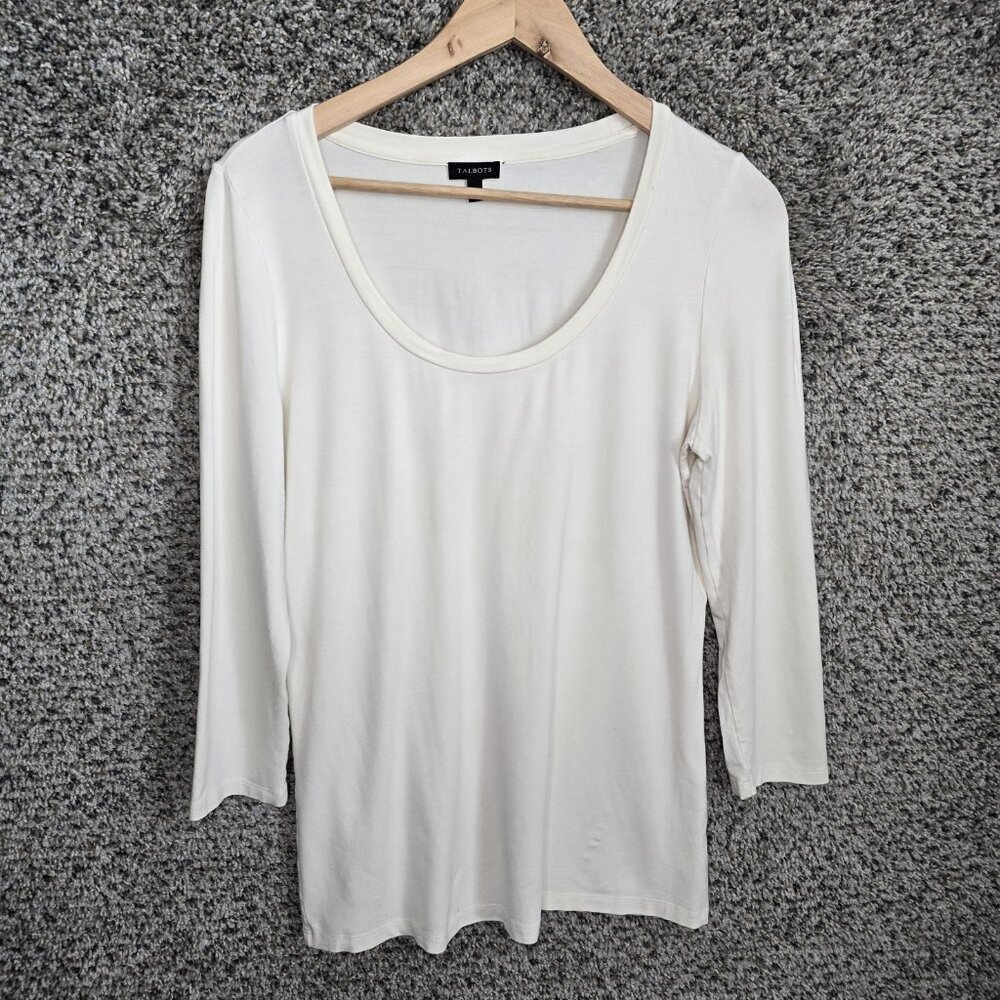 Talbots Top Womens Medium‎ Off White Scoop Neck Stretch Tee Rayon Casual Ladies